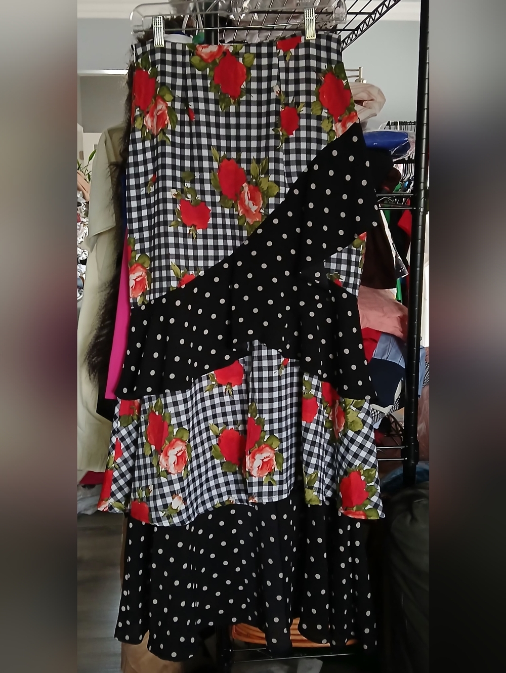 Floral Gingham & Polka Dot Tiered Maxi Skirt - Red Roses